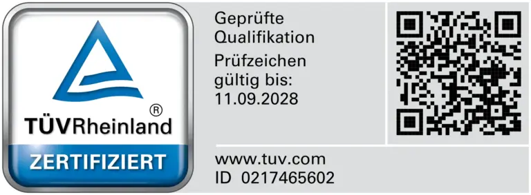 Siegel TÜV Rheinland zertifiziert mit QR-Code