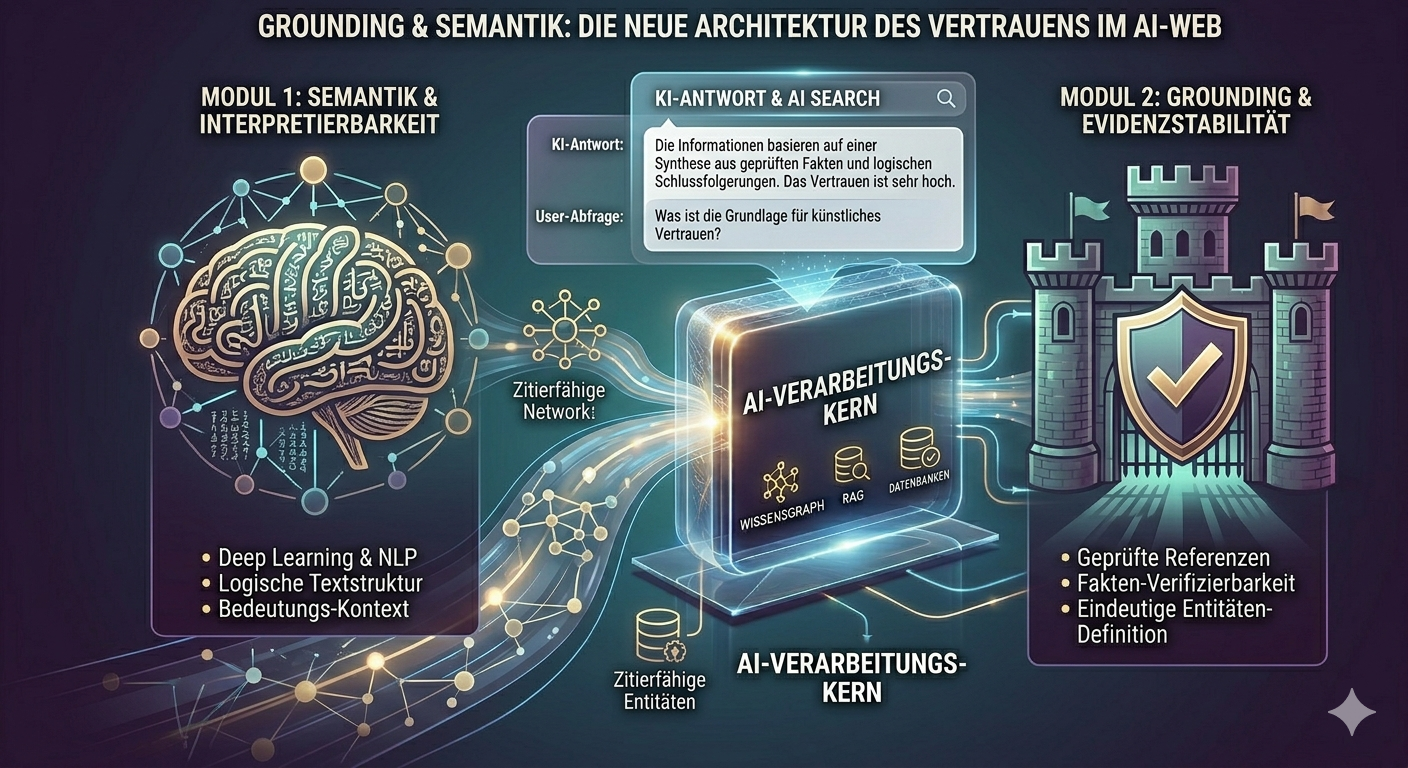 Infografik zur Architektur des Vertrauens im AI-Web: Darstellung der Symbiose aus Semantik (Modul 1: Sprachverständnis) und Grounding (Modul 2: Faktenstabilität) zur Generierung verifizierter KI-Antworten.“